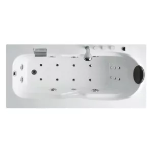 Baignoire balnéo rectangulaire Angel 170 GAUCHE ICONFORT, mesurant 170 x 80 cm, dotée de 20 jets d'hydromassage, d'un réchauffeur d'eau 2000W, d'une chromothérapie LED multicolore et d'un ordinateur de contrôle Bluetooth®, disponible à l'achat et en livraison.
