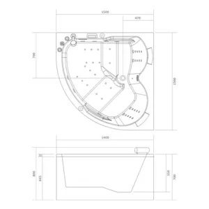 Baignoire balnéo d'angle pour 2 personnes de dimensions 150 x 150 cm, équipée d'un circuit EAU AIR AIR, fonction rinçage, séchage automatique, Bluetooth et pompe puissante, disponible à l'achat et à la livraison.