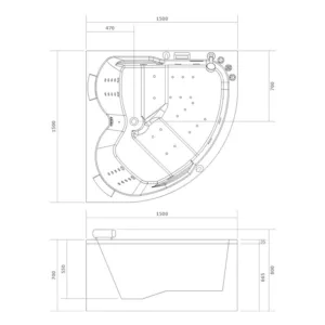 Baignoire balnéo d'angle IDYNAMIC 150 x 150 cm pour 2 personnes, dotée d'un circuit EAU AIR AIR, fonction rinçage, séchage auto, Bluetooth et pompe puissante, disponible à l'achat et à la livraison.