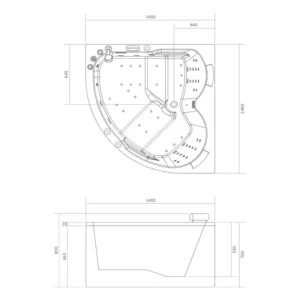 Baignoire balnéo d'angle AQUA IPOWER de 140 x 140 cm, équipée de 49 jets, d'un réchauffeur d’eau, de programmes de massage et de Bluetooth, idéale pour 2 personnes.
