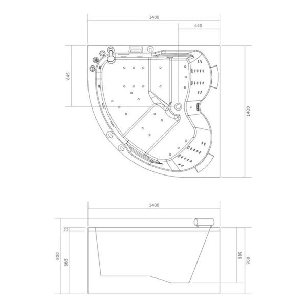 Baignoire balnéo d'angle AQUA IPOWER de 140 x 140 cm, équipée de 49 jets, d'un réchauffeur d’eau, de programmes de massage et de Bluetooth, idéale pour 2 personnes.