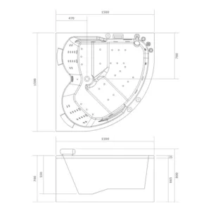 Baignoire balnéo d'angle AQUA IPOWER de 150 x 150 cm avec 62 jets, réchauffeur d'eau, circuit EAU AIR AIR TURBO, et programmes de massage, idéale pour deux personnes, disponible à l'achat et à la livraison.