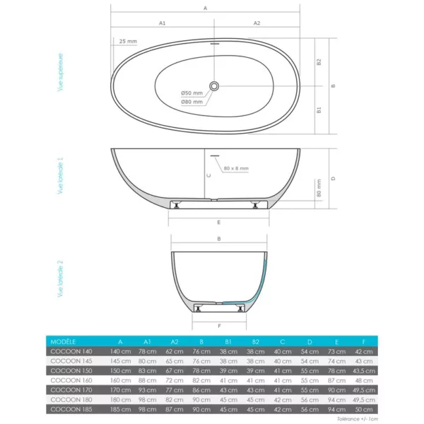 Baignoire îlot COCOON en Solid Surface mesurant 160 x 82 x 55 cm, monobloc, résistant aux tâches et à l'humidité, avec siphon, flexible, trop-plein et bonde popup, disponible à l'achat et à la livraison.
