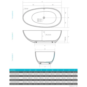 Baignoire îlot COCOON 180 MATE en Solid Surface, dimension 180 x 90 x 56 cm, matériau monobloc, résistant aux taches et à l'humidité, agréable au toucher, avec siphon, flexible, trop-plein et bonde popup, disponible à l'achat et livraison.