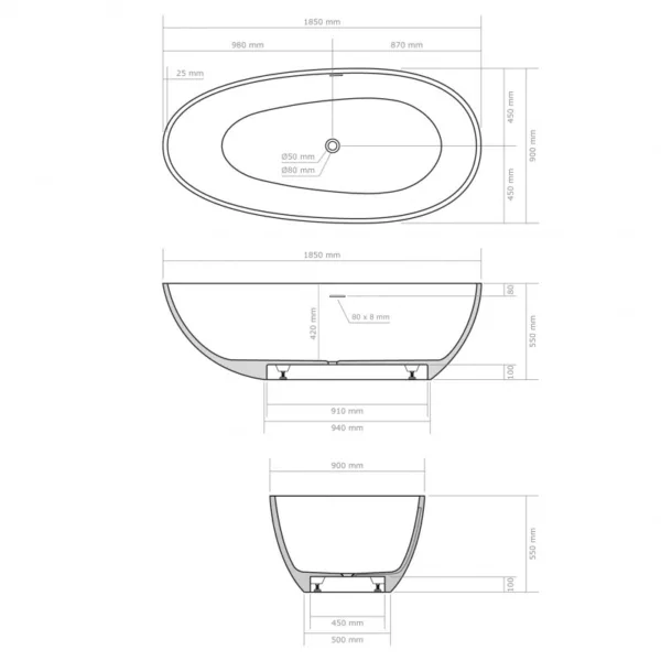 Baignoire îlot COCOON de 185 cm, fabriquée en Solid Surface, mesurant 185 x 90 x 55 cm, disponible à la vente et pour livraison.