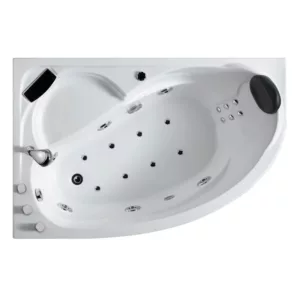 Baignoire balnéo d'angle KENYA de dimensions 150 x 100 cm, équipée de 20 jets, d'une pompe SILENCIA de 900W, d'un réchauffeur d'eau de 2000W, de chromothérapie LED multicouleurs et d'une robinetterie en laiton chromé, disponible à l'achat avec livraison.