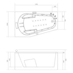 Baignoire balnéo rectangulaire IDYNAMIC de 170 x 100 cm, équipée d'une fonction de rinçage, séchage automatique, Bluetooth et d'une pompe puissante, disponible à l'achat et à la livraison.