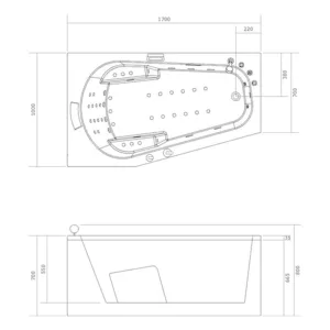Baignoire balnéo rectangulaire KORUS IPOWER de 170 x 100 cm offrant 49 jets hydromassants, un réchauffeur d'eau, un système EAU AIR AIR TURBO et une fonction Bluetooth, idéale pour des moments de détente, disponible à l'achat et à la livraison.