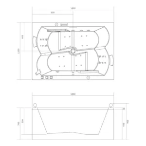 Baignoire balnéo rectangulaire IDYNAMIC pour 2 personnes, mesurant 180 x 120 cm, dotée d'équipements complets incluant un circuit EAU AIR AIR, une fonction rinçage, un séchage automatique, une connectivité Bluetooth et une pompe puissante, disponible à l'achat et à la livraison.