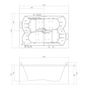 Baignoire balnéo rectangulaire KROMA IPOWER de 180 x 120 cm, dotée de 66 jets, d'un réchauffeur d’eau, d'un circuit EAU AIR AIR TURBO et de programmes de massage, avec connectivité Bluetooth. Disponible à l'achat et pour livraison.
