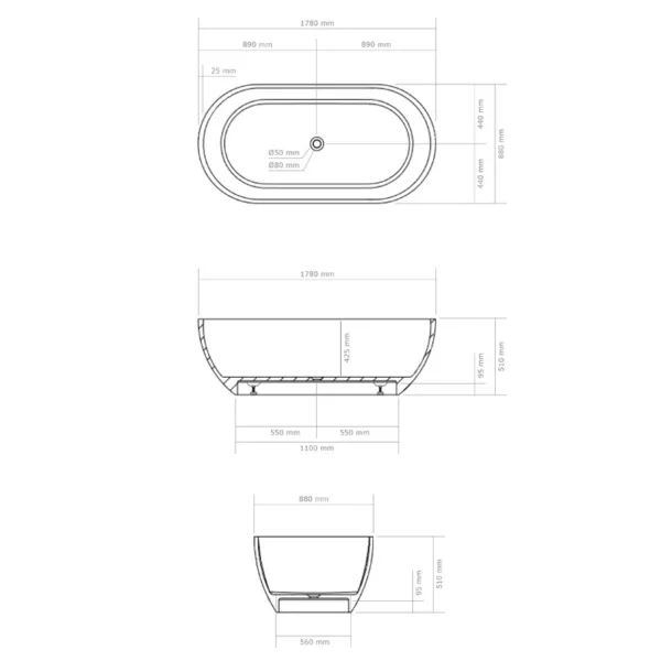 Baignoire îlot LOUNGE 180 MATE en Solid Surface, mesurant 178 x 87 x 52 cm, disponible à l'achat et pour livraison.