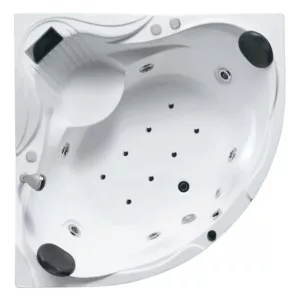 Baignoire balnéo d'angle MAKEMO 150 ICONFORT de 150 x 150 cm, équipée de 14 jets, d'une pompe SILENCIA de 900W et d'un réchauffeur d'eau de 2000W, avec robinetterie en laiton chromé et chromothérapie LED multicolore, disponible à l'achat et à la livraison.