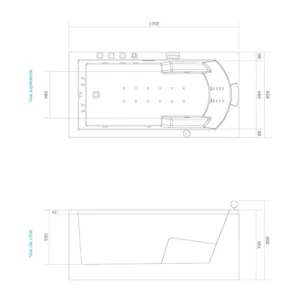 Baignoire balnéo rectangulaire IDYNAMIC de 170 x 85 cm avec fonctions avancées telles que le circuit EAU AIR AIR, le rinçage, le séchage auto, la connectivité Bluetooth et une pompe puissante, disponible à l'achat et livraison.