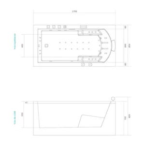 Baignoire balnéo rectangulaire NEOS IPOWER de 170 x 85 cm, équipée de 49 jets, réchauffeur d’eau, circuit EAU AIR AIR TURBO et fonctionnalités Bluetooth, disponible à l'achat avec option de livraison.