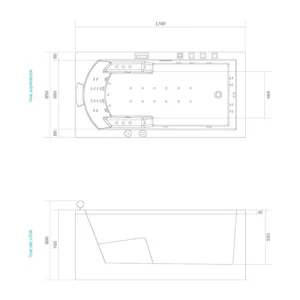 Baignoire balnéo rectangulaire NEOS IPOWER de dimensions 170 x 85 cm, équipée de 49 jets, d'un réchauffeur d'eau, d'un circuit EAU AIR AIR TURBO et de programmes de massage, avec connectivité Bluetooth, disponible à l'achat avec livraison.