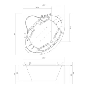 Baignoire balnéo d'angle 150 x 150 cm IDYNAMIC avec Bluetooth, offrant un circuit EAU AIR AIR, fonction rinçage, séchage auto et adaptée pour deux personnes, disponible à l'achat et à la livraison.