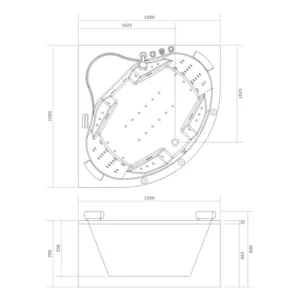 Baignoire balnéo d'angle NEVIA IPOWER de dimensions 150 x 150 cm, équipée de 70 jets, d'un réchauffeur d'eau, d'un circuit EAU AIR AIR TURBO et de programmes de massage, avec connectivité Bluetooth, disponible à l'achat et à la livraison.
