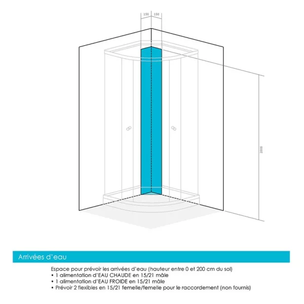 Cabine de douche d'angle blanche mesurant 90 x 90 x 211 cm de la collection SILVER, idéale pour les espaces restreints, disponible à l'achat et à la livraison.