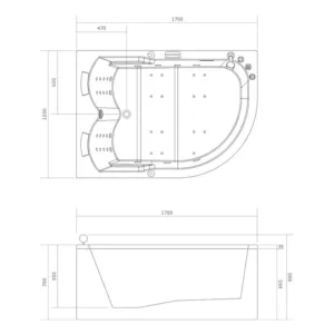 Baignoire balnéo d'angle SIRIUS IDYNAMIC de dimensions 170 x 120 cm, équipée d'un circuit EAU AIR AIR, fonction rinçage, séchage automatique, Bluetooth et d'une pompe puissante, disponible à l'achat et pour livraison.