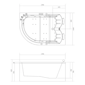 Baignoire balnéo d'angle SIRIUS IPOWER de 170 x 120 cm, équipée de 51 jets, réchauffeur d’eau, circuit EAU AIR AIR TURBO et Bluetooth, pour des moments de détente. Disponible à l'achat et pour livraison.