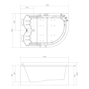 Baignoire balnéo d'angle BIPLACE SIRIUS de dimensions 170 x 120 cm, équipée de 51 jets, d'un réchauffeur d'eau, et de programmes de massage, avec connectivité Bluetooth, disponible à l'achat et pour livraison.