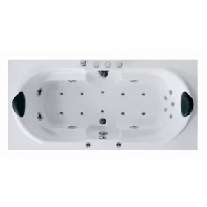 Baignoire balnéo rectangulaire STELLA 180 ICONFORT de 180 x 80 cm, équipée de 21 jets, d'une pompe SILENCIA de 900W, d'un réchauffeur d'eau de 2000W, et de spots de chromothérapie LED multicouleurs, avec robinetterie en laiton chromé et système de contrôle Bluetooth, disponible à l'achat et à la livraison.