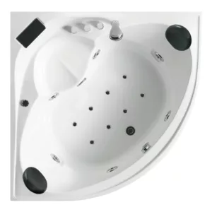 Baignoire balnéo d'angle de 135 x 135 cm avec 14 jets, pompe silencieuse de 900W, réchauffeur d'eau de 2000W, robinetterie en laiton chromé, chromothérapie LED multicouleurs, et contrôle Bluetooth, disponible à l'achat et à la livraison.