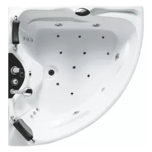 Baignoire balnéo d'angle VENISE 150 ICONFORT pour 2 personnes, mesurant 150 x 150 cm, équipée de 20 jets, d'un réchauffeur d'eau, d'une robinetterie en laiton chromé, avec chromothérapie LED et contrôle Bluetooth®, disponible à l'achat et à la livraison.
