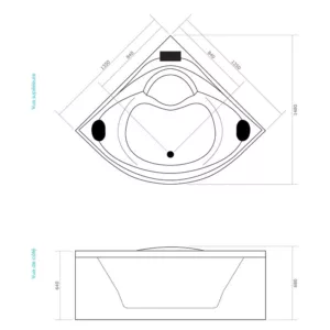 Baignoire balnéo d'angle de la collection ICONFORT, mesurant 135 x 135 cm, dotée de 14 jets, d'une pompe SILENCIA de 900W, d'un réchauffeur d'eau de 2000W, d'une robinetterie en laiton chromé, avec un système de chromothérapie LED et un contrôle Bluetooth, disponible à l'achat et à la livraison.