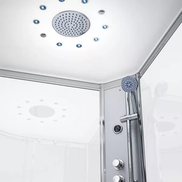Cabine de douche hydro d'angle de la collection SILVER, mesurant 100 x 100 cm et 211 cm de hauteur, offrant une expérience de douche relaxante, disponible à la vente et à la livraison.