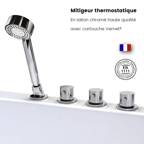 Baignoire balnéo d'angle SIRIUS de 170 x 120 cm avec équipements complets tels que le circuit EAU AIR AIR, fonction rinçage, séchage automatique, Bluetooth et pompe puissante, disponible à l'achat et en livraison.