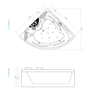 Baignoire balnéo d'angle VENISE 150 GAUCHE ICONFORT pour deux personnes, mesurant 150 x 150 cm, équipée de 20 jets, d'une pompe SILENCIA de 900W, d'un réchauffeur d'eau de 2000W, d'une robinetterie complète en laiton chromé, et d'un système de chromothérapie LED multicouleurs, disponible à l'achat et pour livraison.