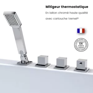 Baignoire balnéo rectangulaire NEOS IPOWER de 170 x 85 cm, dotée de 49 jets, réchauffeur d’eau, programme de massage et connectivité Bluetooth, disponible à l'achat et à la livraison.