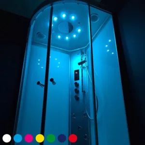 Cabine de hammam d'angle de 90 x 90 cm au design élégant blanc, idéale pour la relaxation à domicile, disponible à l'achat et la livraison.