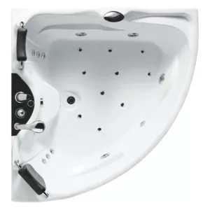Baignoire balnéo d'angle pour deux personnes mesurant 150 x 150 cm de la gamme IMASSAGE, équipée d'un système Eau Air, disponible à l'achat et la livraison.