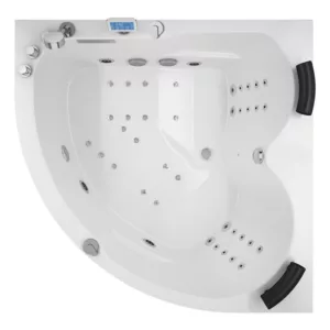 Baignoire balnéo d'angle pour deux personnes, dimensions 140 x 140 cm, avec équipement complet incluant un circuit EAU AIR AIR, fonction rinçage, séchage automatique, Bluetooth et une pompe puissante, disponible à l'achat et en livraison.