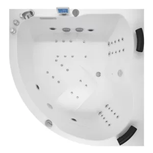 Baignoire balnéo d'angle IDYNAMIC 150 x 150 cm, équipée de fonctionnalités avancées comme un circuit EAU AIR AIR, fonction rinçage et séchage auto, ainsi qu'une connexion Bluetooth et une pompe puissante, idéale pour deux personnes.