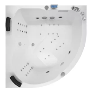 Baignoire balnéo d'angle IDYNAMIC pour 2 personnes, mesurant 150 x 150 cm, équipée d'un circuit EAU AIR AIR, fonction de rinçage, séchage automatique, Bluetooth et d'une pompe puissante, disponible à l'achat avec livraison.