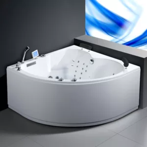 Baignoire balnéo d'angle AQUA IPOWER mesurant 140 x 140 cm, dotée de 49 jets, d'un réchauffeur d'eau, d'un circuit EAU AIR AIR TURBO et de programmes de massage, offrant une expérience de détente en duo, disponible à la vente et à la livraison.