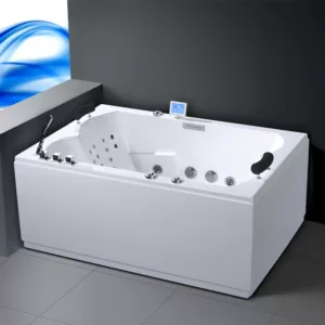 Baignoire balnéo rectangulaire KROMA IPOWER de 180 x 120 cm, dotée de 66 jets, d'un réchauffeur d'eau, d'un circuit EAU AIR AIR TURBO, de programmes de massage et de Bluetooth, prête à être commandée et livrée.