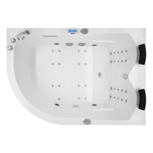 Baignoire balnéo d'angle BIPLACE IDYNAMIC mesurant 170 x 120 cm, équipée d'un circuit EAU AIR AIR, fonction rinçage, séchage automatique, connectivité Bluetooth et d'une pompe puissante, disponible à l'achat et à la livraison.