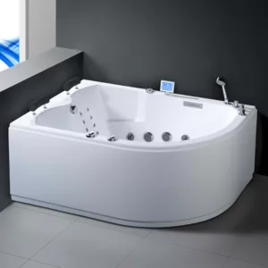 Baignoire balnéo d'angle SIRIUS IPOWER de 170 x 120 cm, équipée de 51 jets, d'un réchauffeur d'eau, d'un système de massage et de connectivité Bluetooth, disponible à l'achat et à la livraison.