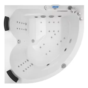 Baignoire balnéo d'angle IDYNAMIC de dimensions 140 x 140 cm, conçue pour deux personnes, dotée d'un circuit EAU AIR AIR, fonction rinçage, séchage auto, connectivité Bluetooth, et une pompe puissante, disponible à l'achat avec livraison.
