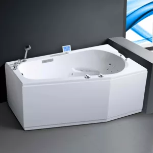 Baignoire balnéo rectangulaire KORUS IPOWER de dimensions 170 x 100 cm, équipée de 49 jets, d'un réchauffeur d'eau, et de programmes de massage, avec un système Bluetooth, disponible à l'achat et la livraison.