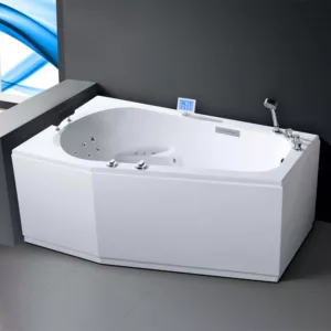 Baignoire balnéo rectangulaire KORUS IPOWER mesurant 170 x 100 cm, équipée de 49 jets, d'un réchauffeur d'eau, d'un système EAU AIR AIR TURBO, de programmes de massage, et de connectivité Bluetooth, disponible à l'achat et à la livraison.