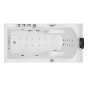 Baignoire balnéo rectangulaire IDYNAMIC de 170 x 85 cm, dotée de fonctionnalités avancées telles que le circuit EAU AIR AIR, le rinçage, le séchage automatique, la connectivité Bluetooth, et une pompe puissante, disponible à l'achat et à la livraison.