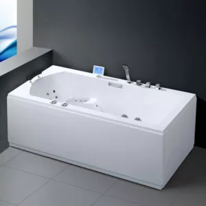 Baignoire balnéo rectangulaire NEOS IPOWER mesurant 170 x 85 cm, équipée de 49 jets, d'un réchauffeur d’eau, d'un circuit combinant eau et air, de programmes de massage et de Bluetooth, disponible à l'achat et pour livraison.