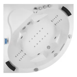 Baignoire balnéo d'angle IDYNAMIC de 150 x 150 cm, dotée de fonctions avancées telles que le circuit EAU AIR AIR, le rinçage, le séchage automatique, le Bluetooth et une pompe puissante, disponible à l'achat et à la livraison.