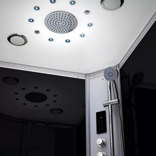 Cabine hammam asymétrique noire mesurant 120 x 90 cm, idéale pour une installation en douche hammam, disponible à l'achat et à la livraison.