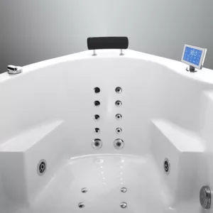 Baignoire balnéo d'angle pour deux personnes, modèle IDYNAMIC, dimensions 150 x 150 cm, équipée d'un circuit EAU AIR AIR, fonction rinçage, séchage automatique, Bluetooth et d'une pompe puissante, disponible à l'achat et en livraison.